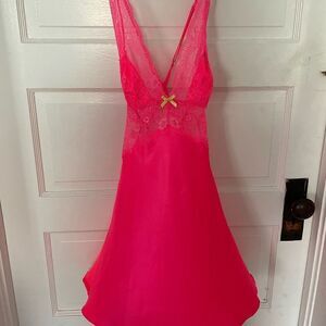 Victorias Secret Satin Lace Plunge Cross Back Slip Size S Hot Pink